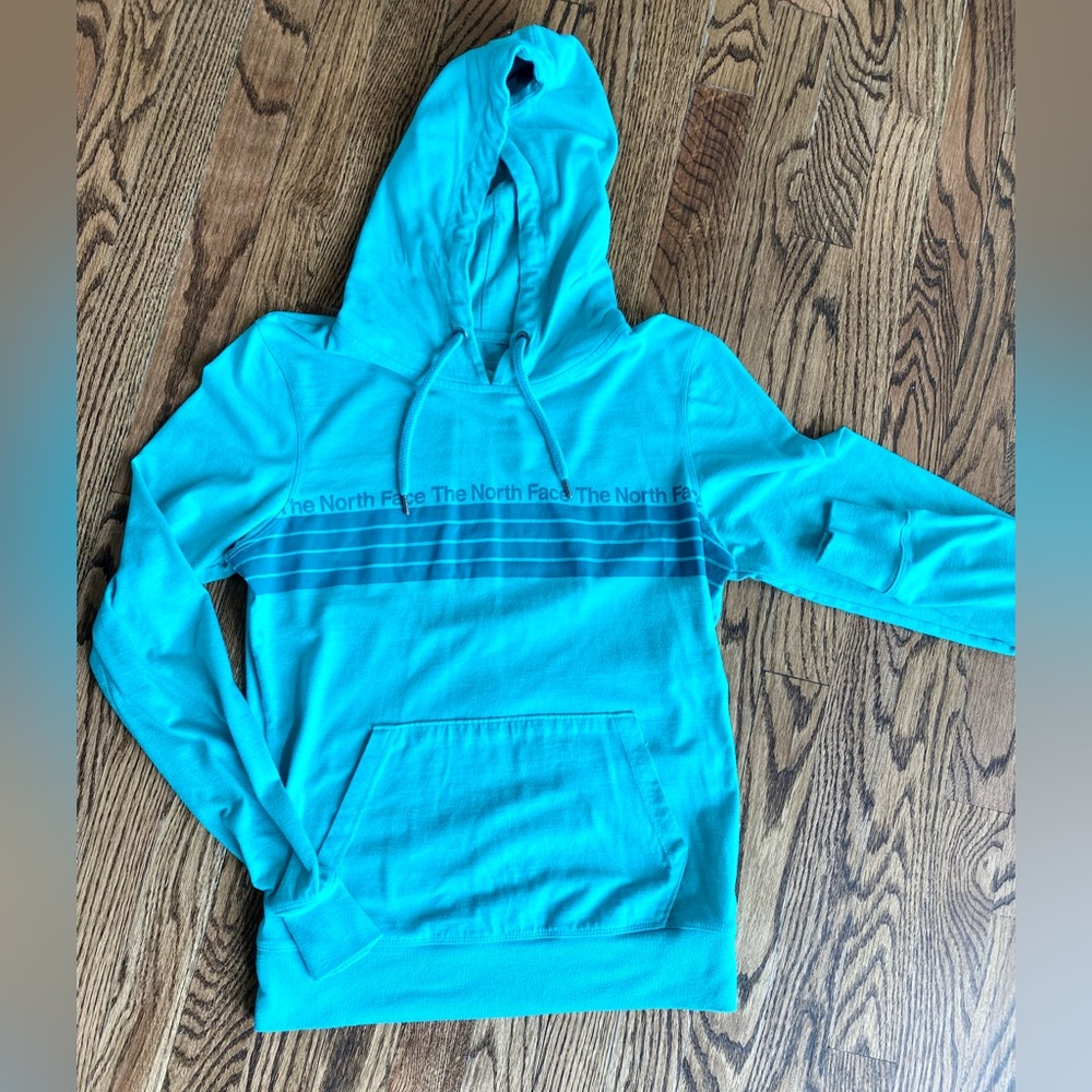 Turquoise north face lightweight cotton hoodie, women’s size medium